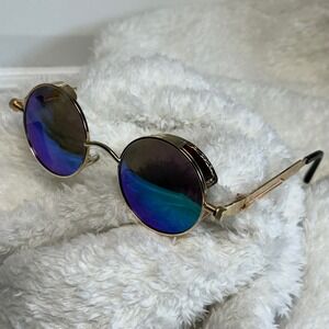 Rocknight Steampunk Sunglasses Gold Frame Blue Mirrored Round Lens A372 48-18-14